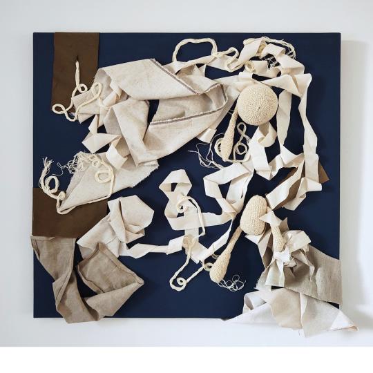 <b>6 faces of Chaos</b> <br>2023 <br>65x60 cm <br>crochet, hand sewing, leather